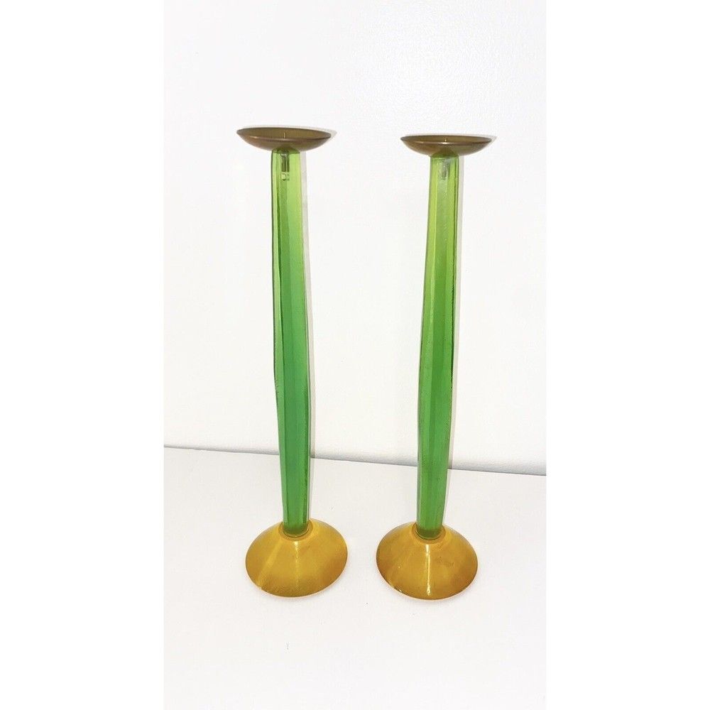 MCM Vintage Green and Yellow Tall Candlestick Holders Brushed Acrylic